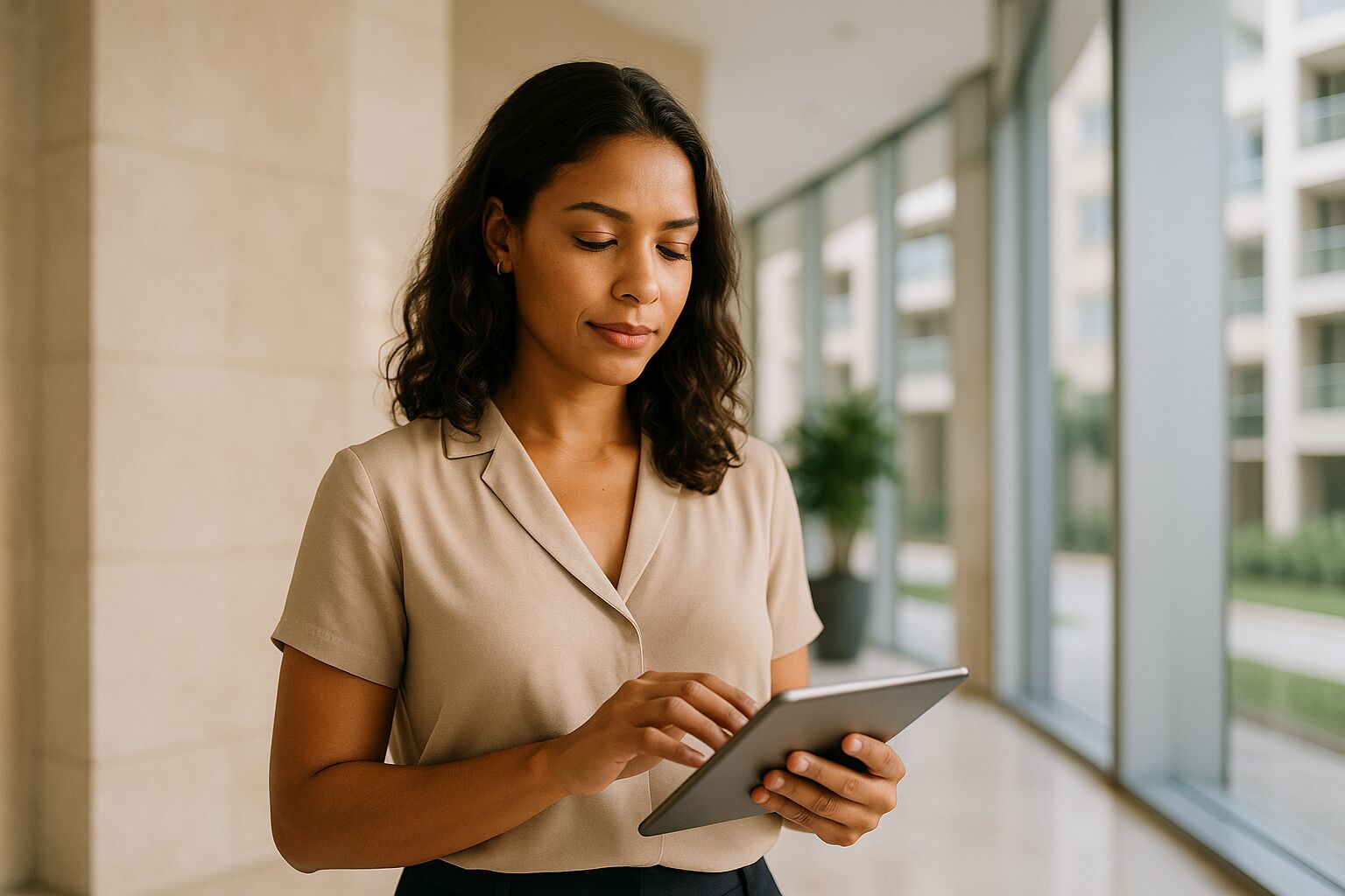 Gestora consultando a ficha de uma unidade no tablet, no hall do prédio